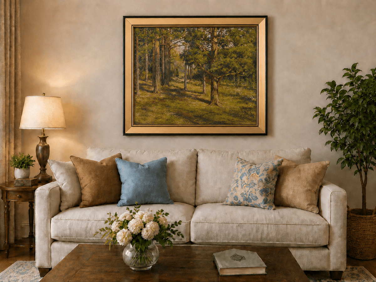 Framed hand-painted sunlit forest interior oil painting with golden trees and a woodland path displayed above a neutral living room sofa.