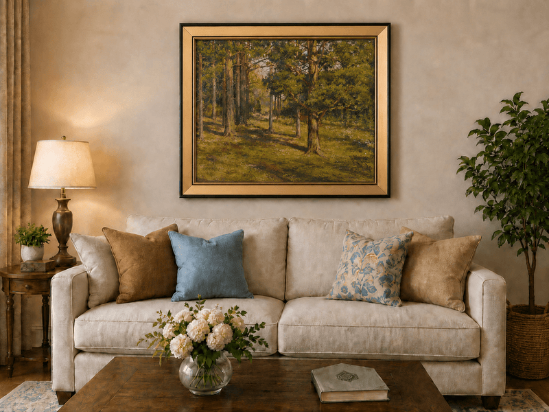 Framed hand-painted sunlit forest interior oil painting with golden trees and a woodland path displayed above a neutral living room sofa.