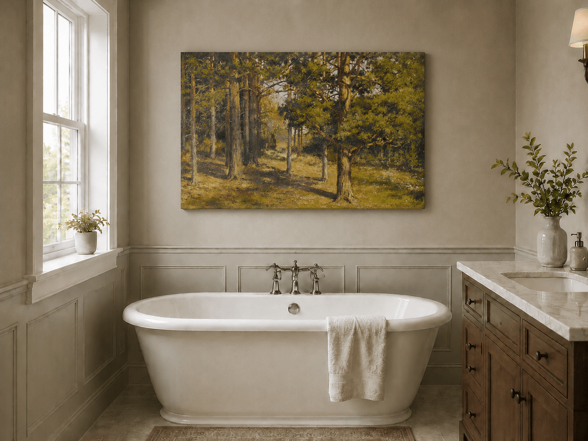 Unframed hand-painted sunlit forest interior oil painting with golden trees and a woodland path displayed above a freestanding bathtub.