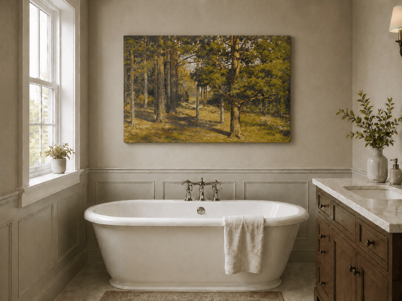 Unframed hand-painted sunlit forest interior oil painting with golden trees and a woodland path displayed above a freestanding bathtub.
