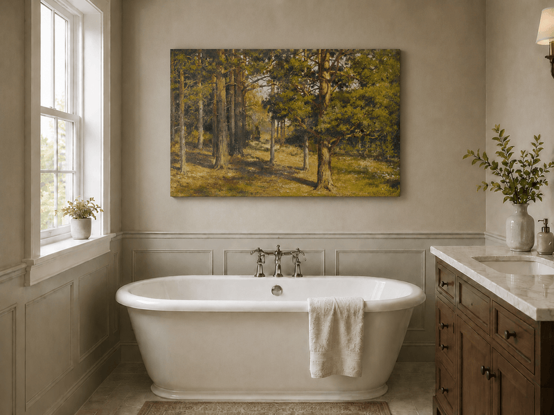 Unframed hand-painted sunlit forest interior oil painting with golden trees and a woodland path displayed above a freestanding bathtub.