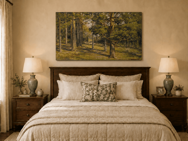 Unframed hand-painted sunlit forest interior oil painting with golden trees and a woodland path displayed above a wooden bed in a neutral bedroom.
