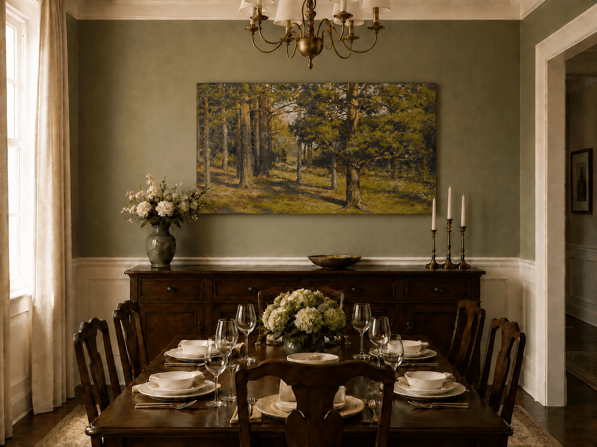 Unframed hand-painted sunlit forest interior oil painting with golden trees and a woodland path displayed above a formal dining table.