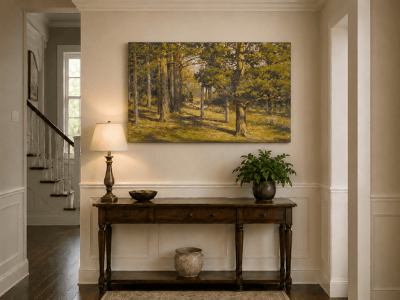 Unframed hand-painted sunlit forest interior oil painting with golden trees and a woodland path displayed above an entryway console table.
