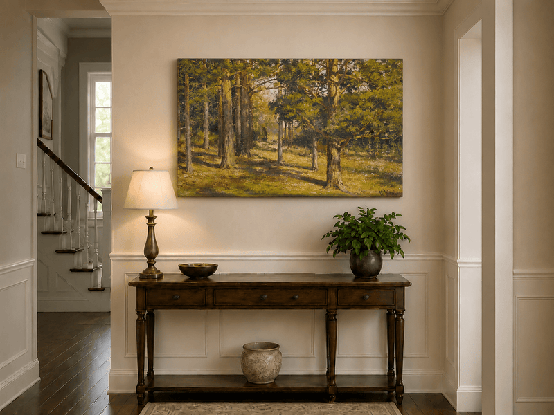 Unframed hand-painted sunlit forest interior oil painting with golden trees and a woodland path displayed above an entryway console table.