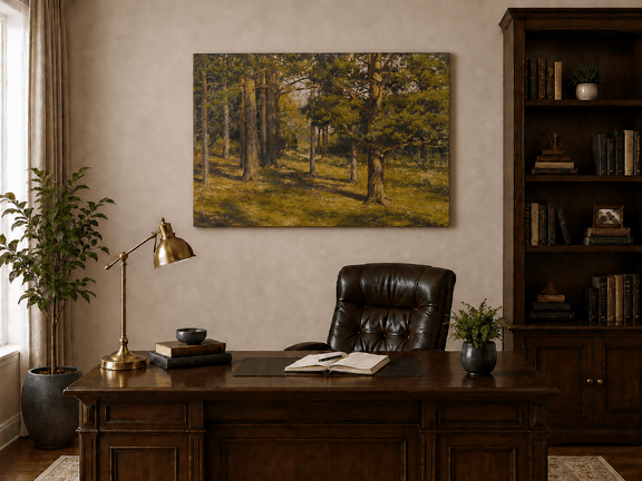 Unframed hand-painted sunlit forest interior oil painting with golden trees and a woodland path displayed above a traditional home office desk.