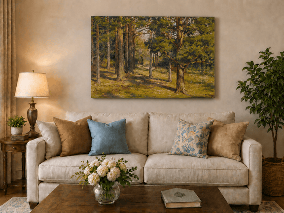 Unframed hand-painted sunlit forest interior oil painting with golden trees and a woodland path displayed above a neutral living room sofa.