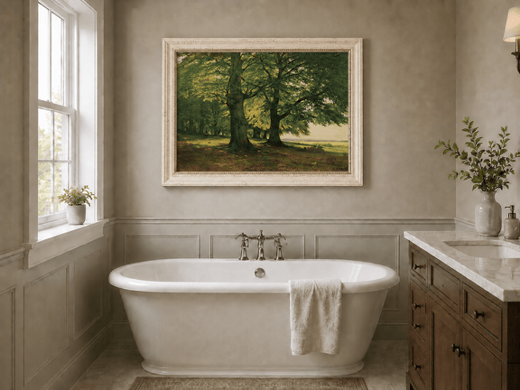 Framed hand-painted sunlit forest oil painting with two large spreading trees displayed above a freestanding bathtub.