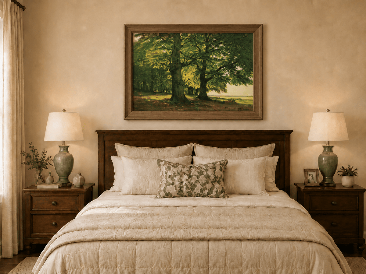 Framed hand-painted sunlit forest oil painting with two large spreading trees displayed above a wooden bed in a neutral bedroom.