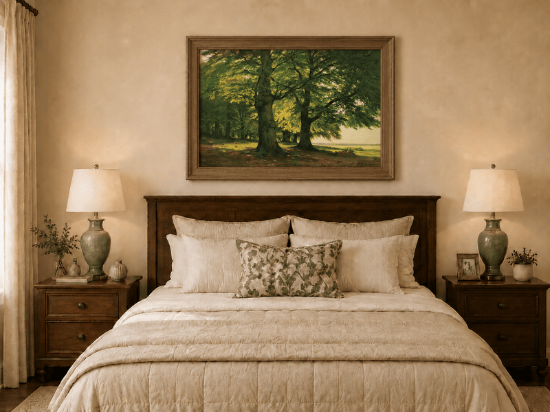 Framed hand-painted sunlit forest oil painting with two large spreading trees displayed above a wooden bed in a neutral bedroom.
