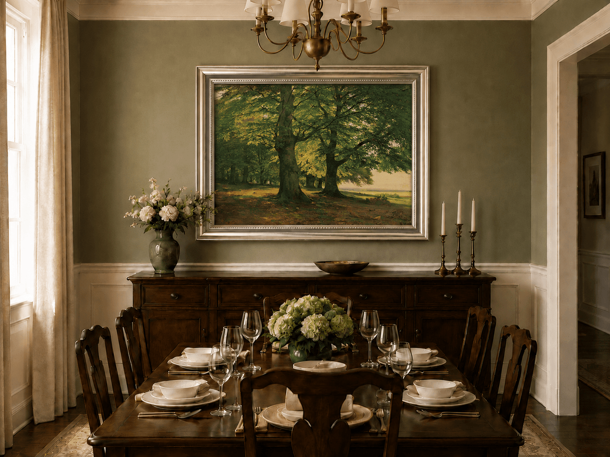 Framed hand-painted sunlit forest oil painting with two large spreading trees displayed above a formal dining table.
