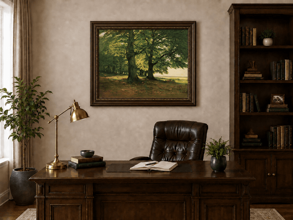 Framed hand-painted sunlit forest oil painting with two large spreading trees displayed above a traditional home office desk.