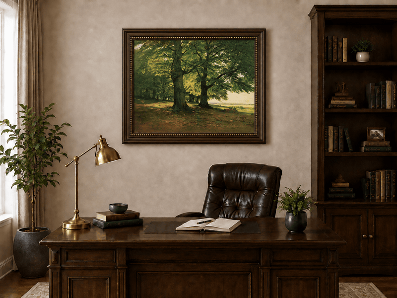 Framed hand-painted sunlit forest oil painting with two large spreading trees displayed above a traditional home office desk.