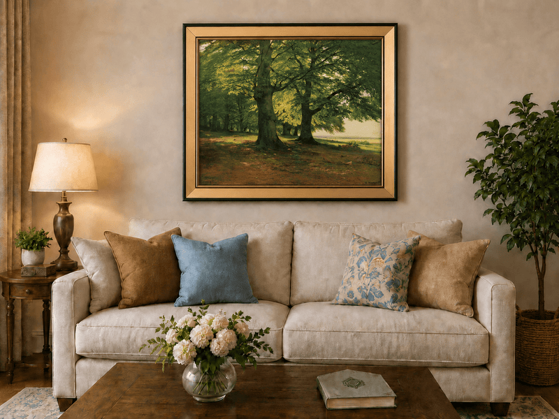 Framed hand-painted sunlit forest oil painting with two large spreading trees displayed above a neutral living room sofa.