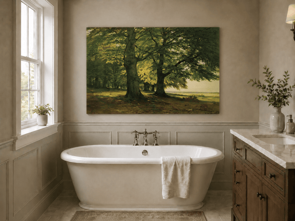 Unframed hand-painted sunlit forest oil painting with two large spreading trees displayed above a freestanding bathtub.