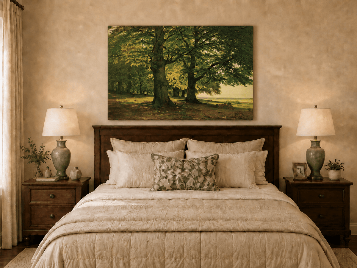Unframed hand-painted sunlit forest oil painting with two large spreading trees displayed above a wooden bed in a neutral bedroom.