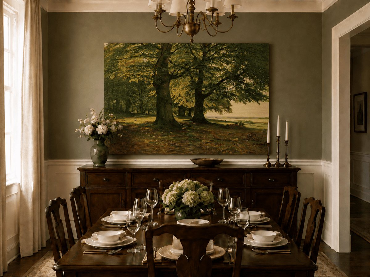 Unframed hand-painted sunlit forest oil painting with two large spreading trees displayed above a formal dining table.