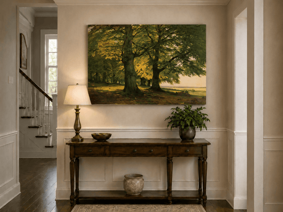 Unframed hand-painted sunlit forest oil painting with two large spreading trees displayed above an entryway console table.