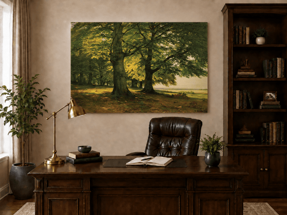 Unframed hand-painted sunlit forest oil painting with two large spreading trees displayed above a traditional home office desk.