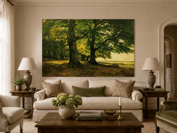 Unframed hand-painted sunlit forest oil painting with two large spreading trees displayed above a neutral living room sofa.