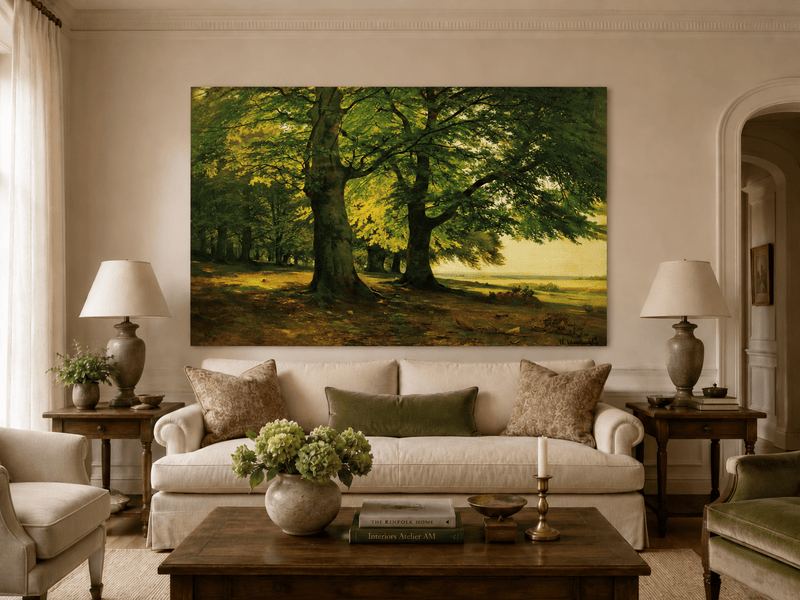Unframed hand-painted sunlit forest oil painting with two large spreading trees displayed above a neutral living room sofa.
