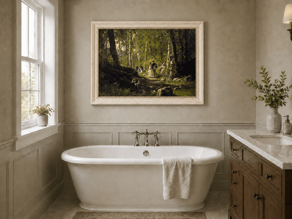 Framed hand-painted sunlit forest path oil painting with elegantly dressed figures displayed above a freestanding bathtub.