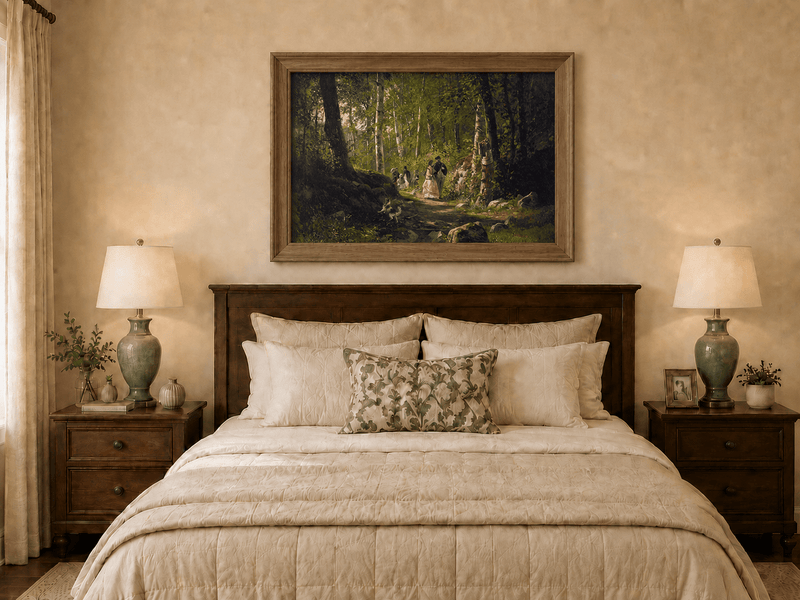 Framed hand-painted sunlit forest path oil painting with elegantly dressed figures displayed above a wooden bed in a neutral bedroom.