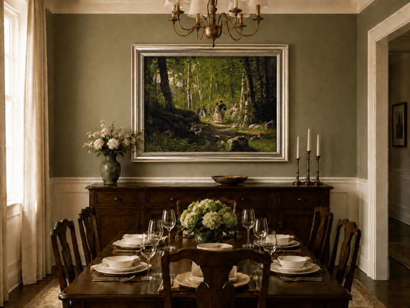 Framed hand-painted sunlit forest path oil painting with elegantly dressed figures displayed above a formal dining table.
