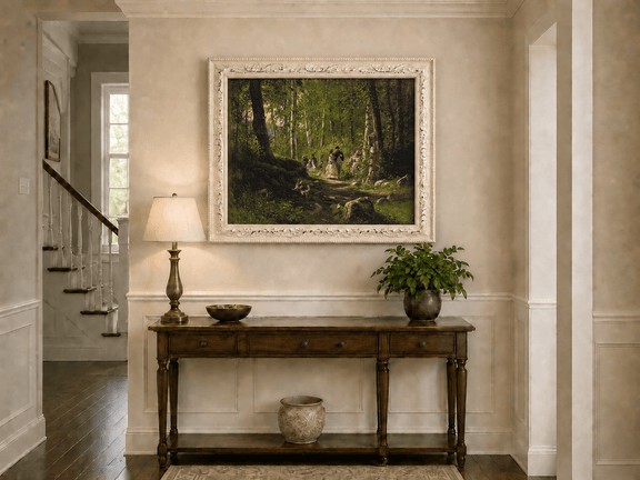 Framed hand-painted sunlit forest path oil painting with elegantly dressed figures displayed above an entryway console table.