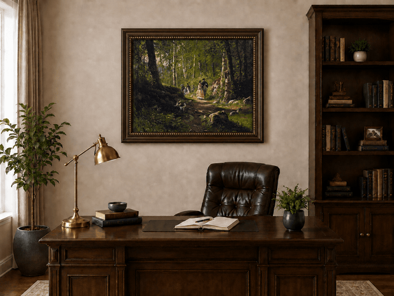 Framed hand-painted sunlit forest path oil painting with elegantly dressed figures displayed above a traditional home office desk.
