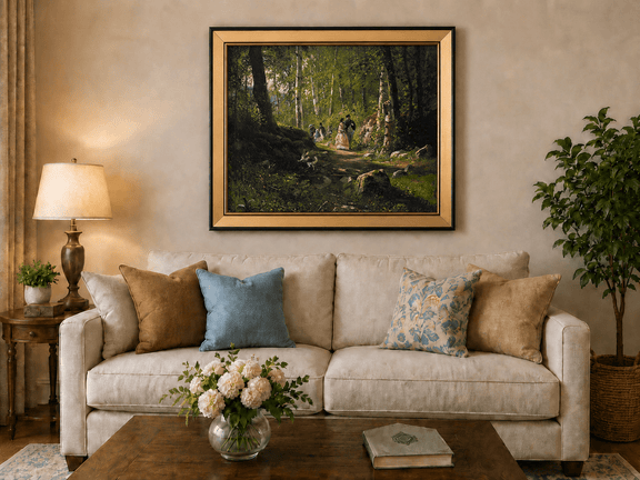 Framed hand-painted sunlit forest path oil painting with elegantly dressed figures displayed above a neutral living room sofa.