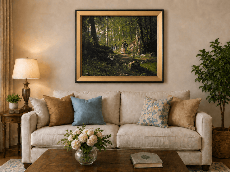 Framed hand-painted sunlit forest path oil painting with elegantly dressed figures displayed above a neutral living room sofa.