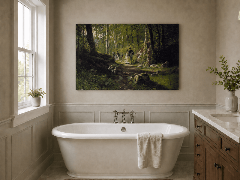 Unframed hand-painted sunlit forest path oil painting with elegantly dressed figures displayed above a freestanding bathtub.