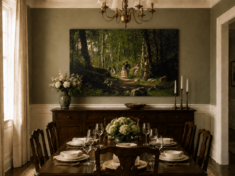 Unframed hand-painted sunlit forest path oil painting with elegantly dressed figures displayed above a formal dining table.