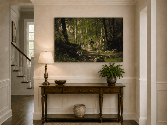 Unframed hand-painted sunlit forest path oil painting with elegantly dressed figures displayed above an entryway console table.