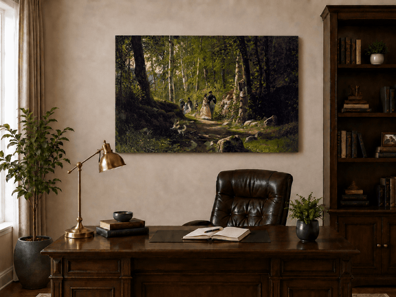 Unframed hand-painted sunlit forest path oil painting with elegantly dressed figures displayed above a traditional home office desk.