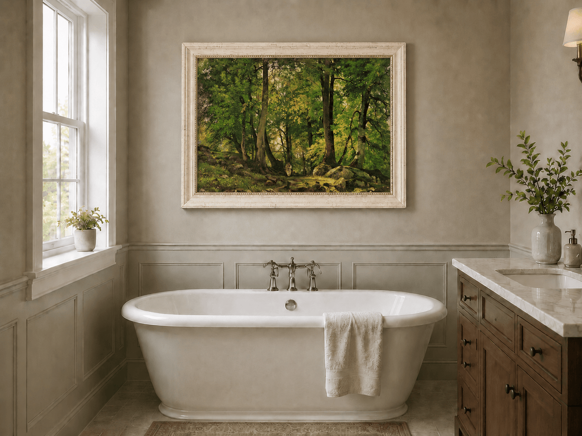 Framed hand-painted sunlit forest path oil painting with a solitary figure among green trees displayed above a freestanding bathtub.