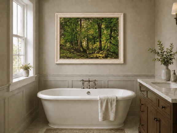 Framed hand-painted sunlit forest path oil painting with a solitary figure among green trees displayed above a freestanding bathtub.