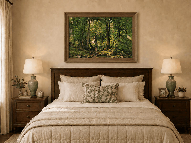 Framed hand-painted sunlit forest path oil painting with a solitary figure among green trees displayed above a wooden bed in a neutral bedroom.