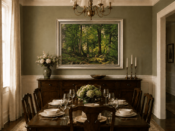 Framed hand-painted sunlit forest path oil painting with a solitary figure among green trees displayed above a formal dining table.
