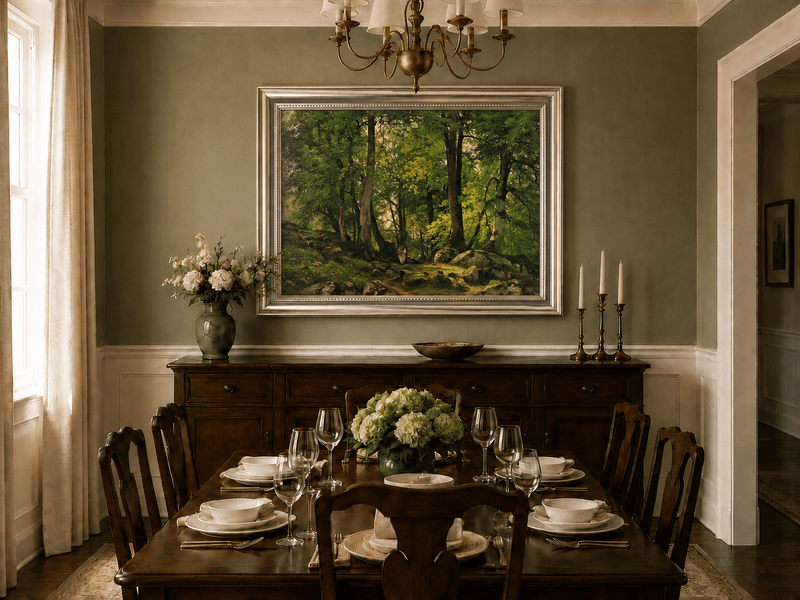 Framed hand-painted sunlit forest path oil painting with a solitary figure among green trees displayed above a formal dining table.