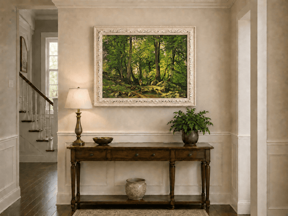Framed hand-painted sunlit forest path oil painting with a solitary figure among green trees displayed above an entryway console table.