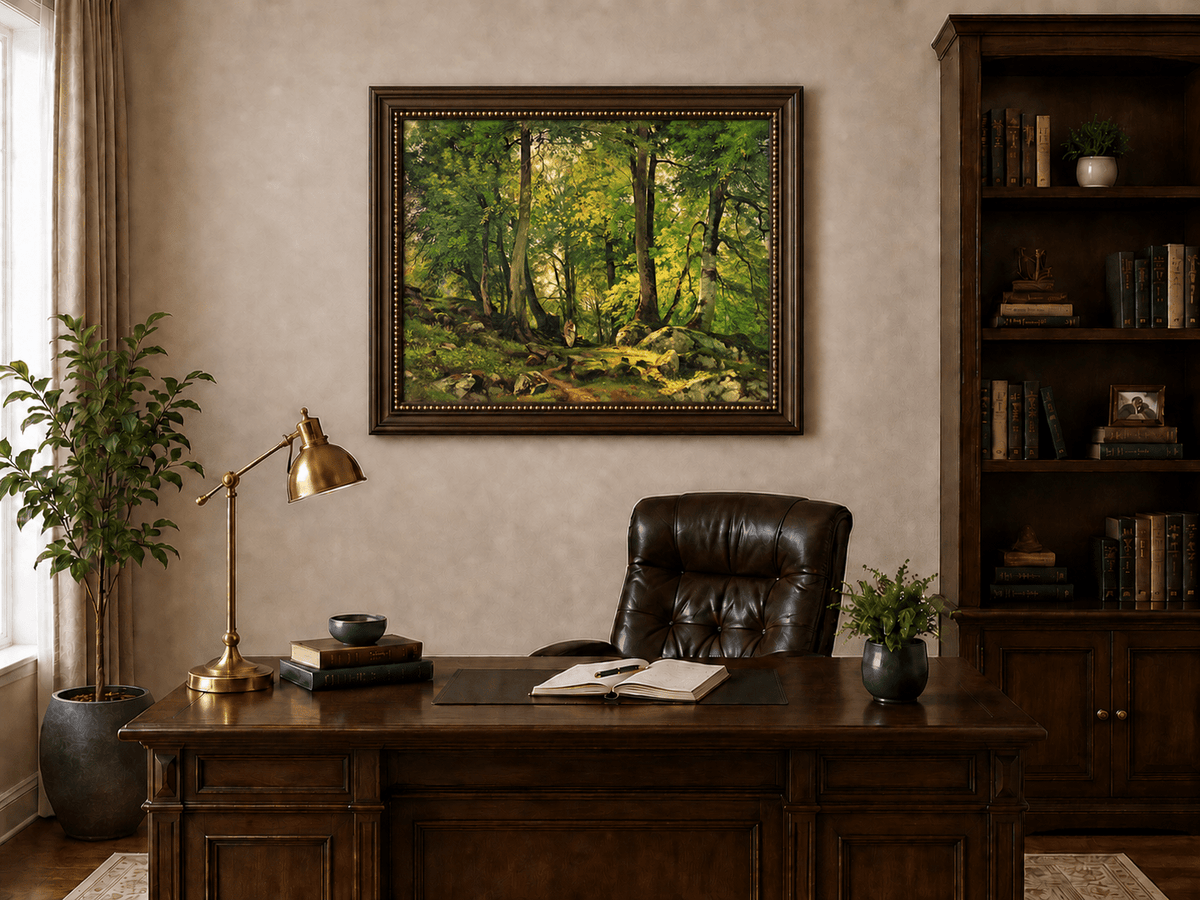 Framed hand-painted sunlit forest path oil painting with a solitary figure among green trees displayed above a traditional home office desk.