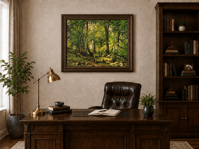 Framed hand-painted sunlit forest path oil painting with a solitary figure among green trees displayed above a traditional home office desk.