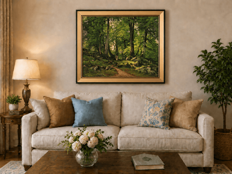 Framed hand-painted sunlit forest path oil painting with a solitary figure among green trees displayed above a neutral living room sofa.