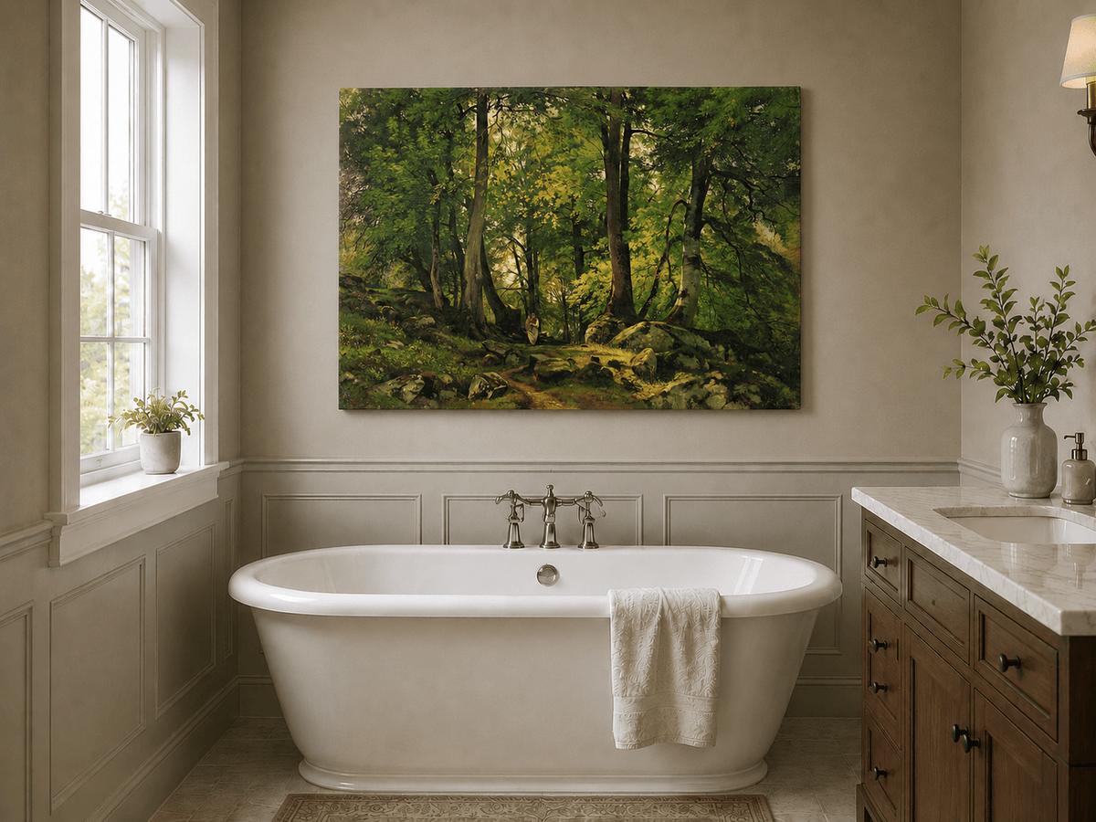 Unframed hand-painted sunlit forest path oil painting with a solitary figure among green trees displayed above a freestanding bathtub.