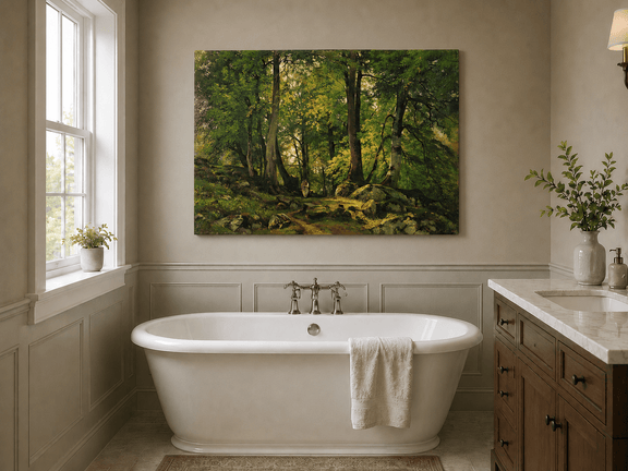 Unframed hand-painted sunlit forest path oil painting with a solitary figure among green trees displayed above a freestanding bathtub.