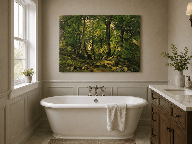 Unframed hand-painted sunlit forest path oil painting with a solitary figure among green trees displayed above a freestanding bathtub.