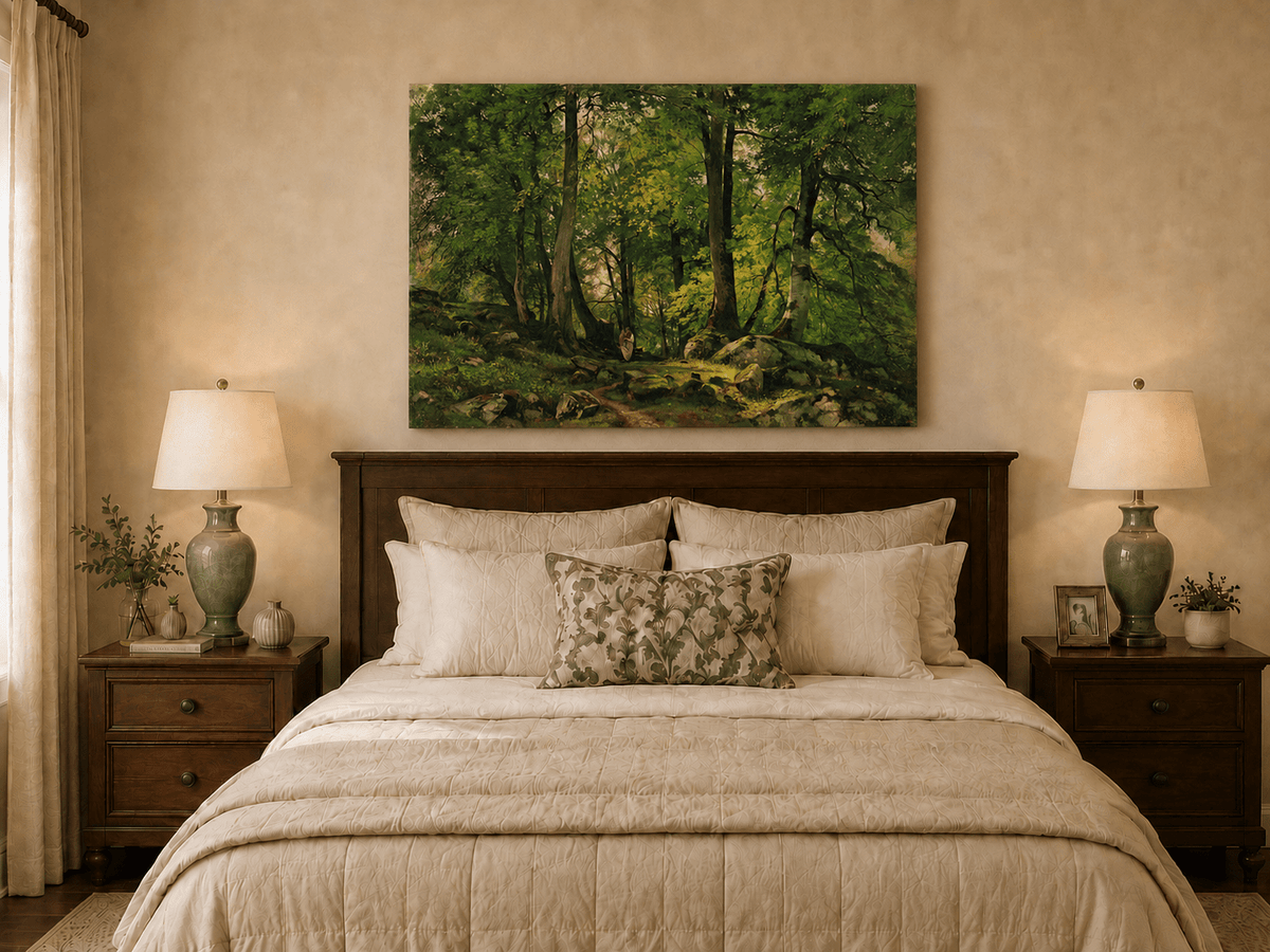 Unframed hand-painted sunlit forest path oil painting with a solitary figure among green trees displayed above a wooden bed in a neutral bedroom.
