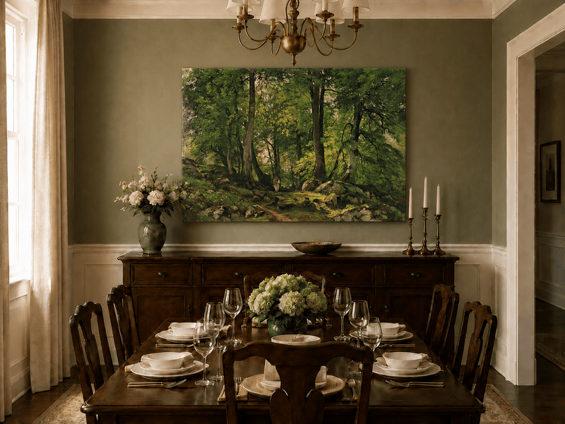Unframed hand-painted sunlit forest path oil painting with a solitary figure among green trees displayed above a formal dining table.